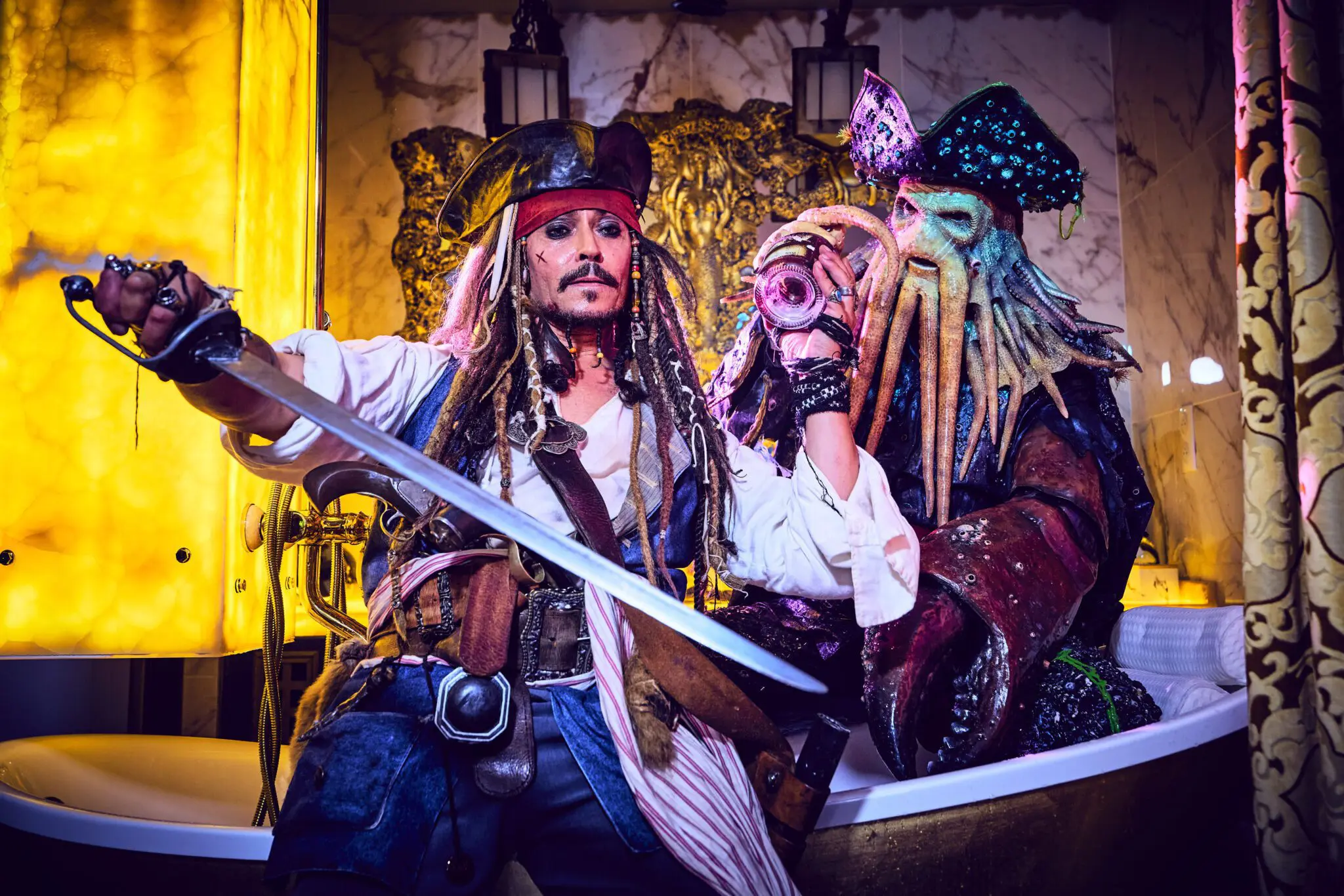 Héros dans la baignoire de la suite Corsaire dans l'hôtel Pirates World